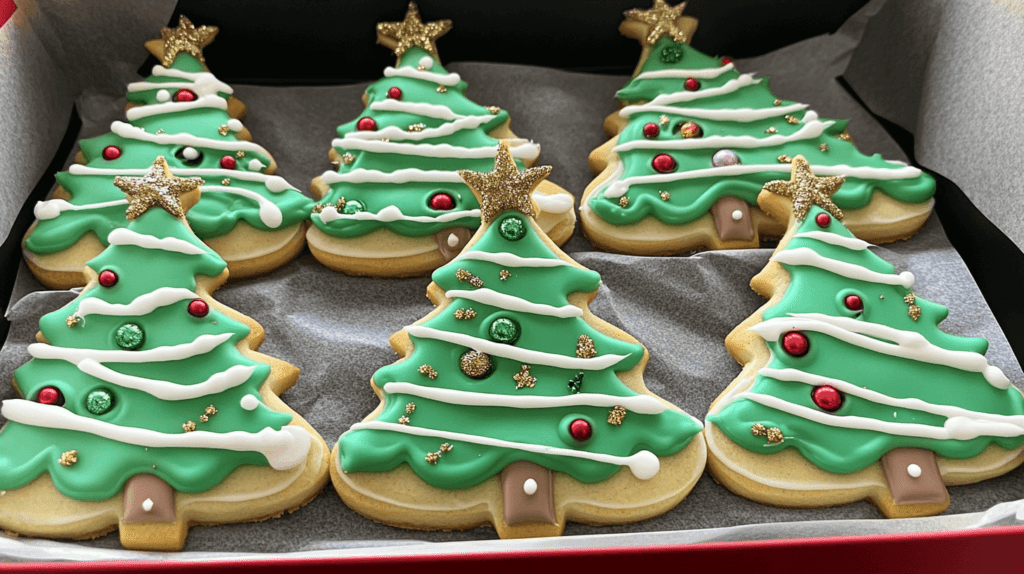 tray of 6 beautifully decorated Christmas tree cookies