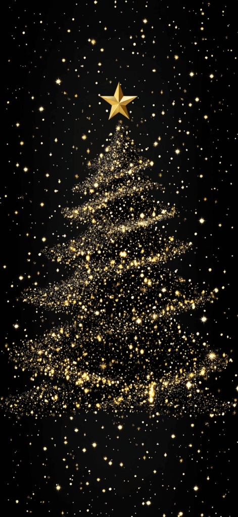 Christmas tree silhouette outlined in gold lights