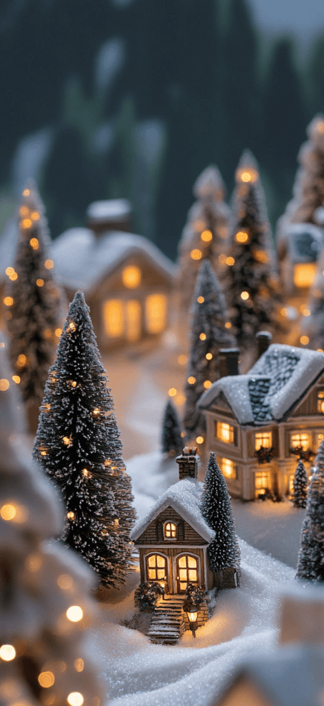 classic Christmas village with lights, christmas wallpaper aesthetic