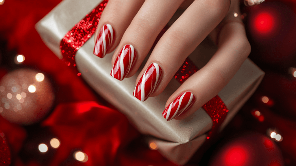 A delicate female hand with Christmas nails painted in candy cane stripes, holding a beautifully wrapped gift with a red ribbon. 