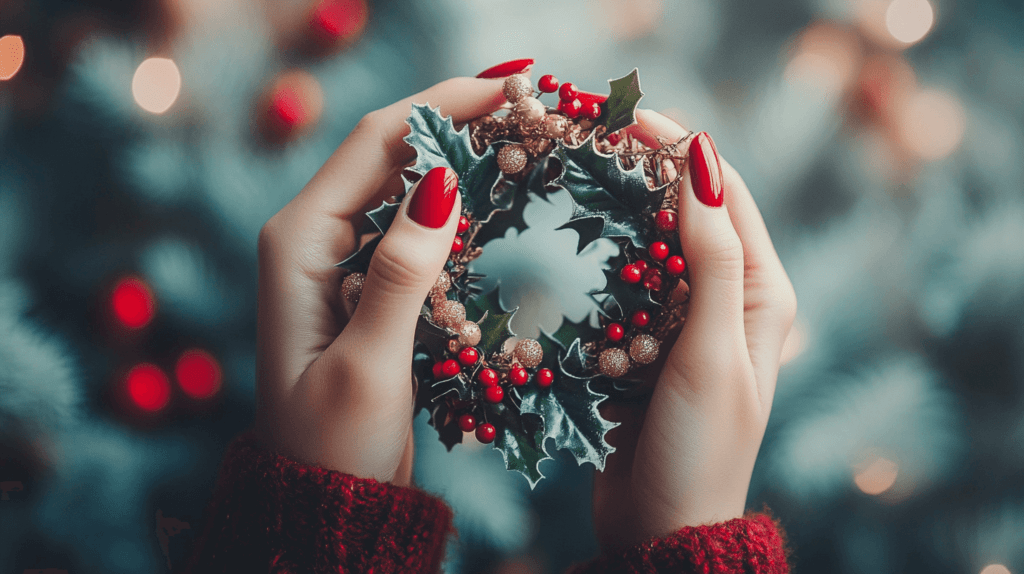 A female hand with ombre red-to-gold nails holding a small Christmas wreath with holly and berries. 