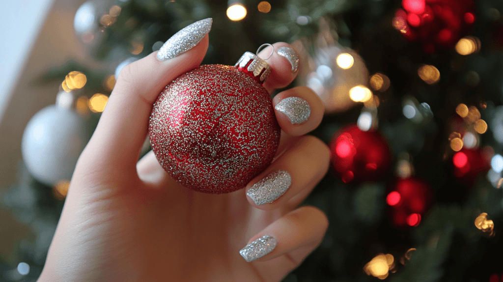 A female manicured hand with glittery silver nails holding a shiny red Christmas ornament, in front of a decorated Christmas tree. 