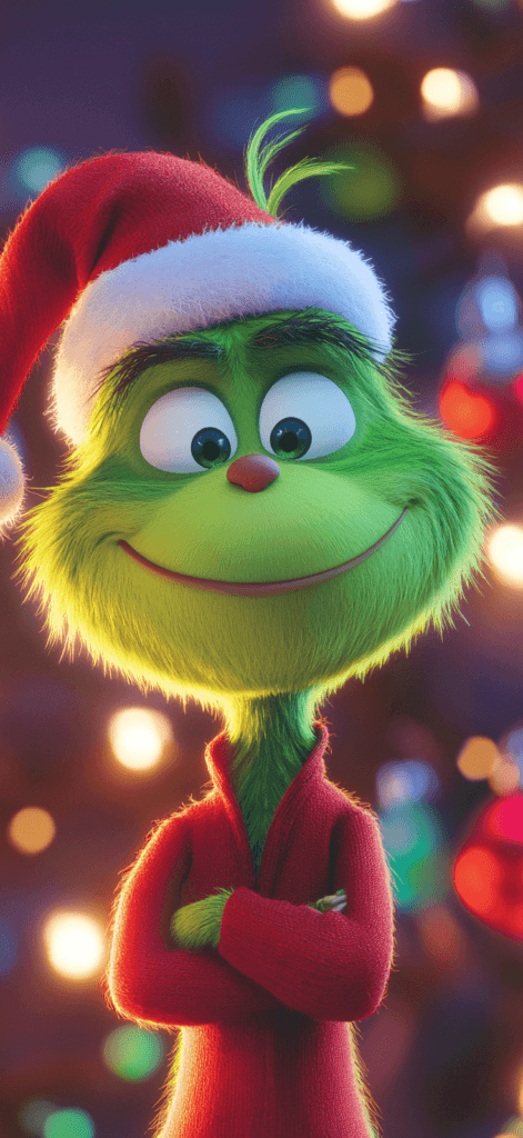 a cartoon version of the Grinch in a red sweater; Christmas wallpaper