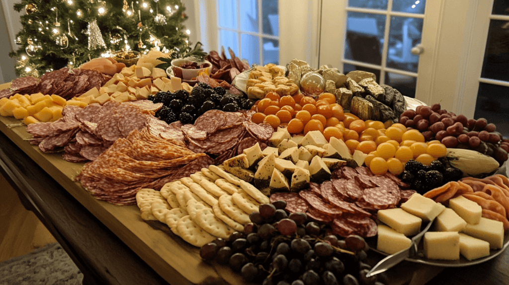 massive charcuterie board grazing table for New Year's Eve