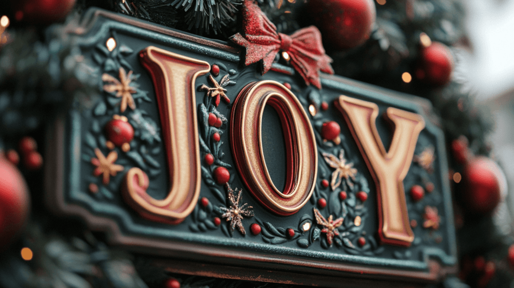 beautifully painted Christmas sign saying JOY