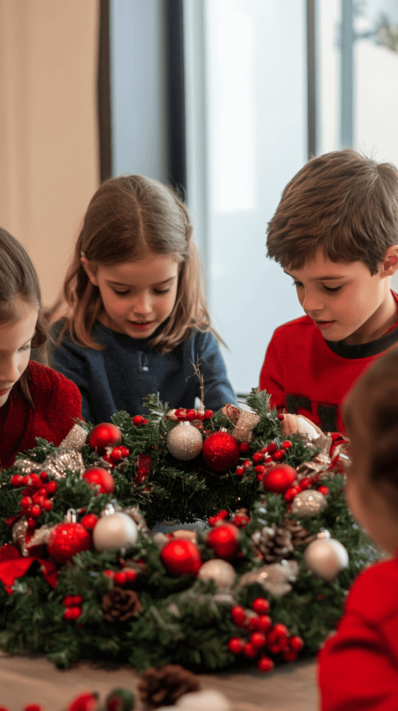 kids crafting a wreath