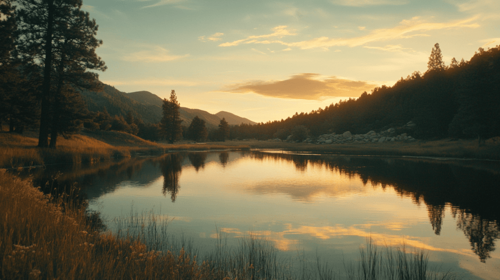 Realistic photo of a peaceful landscape at golden hour, featuring a lake with perfect water reflections of nearby mountains and trees. Travel photography