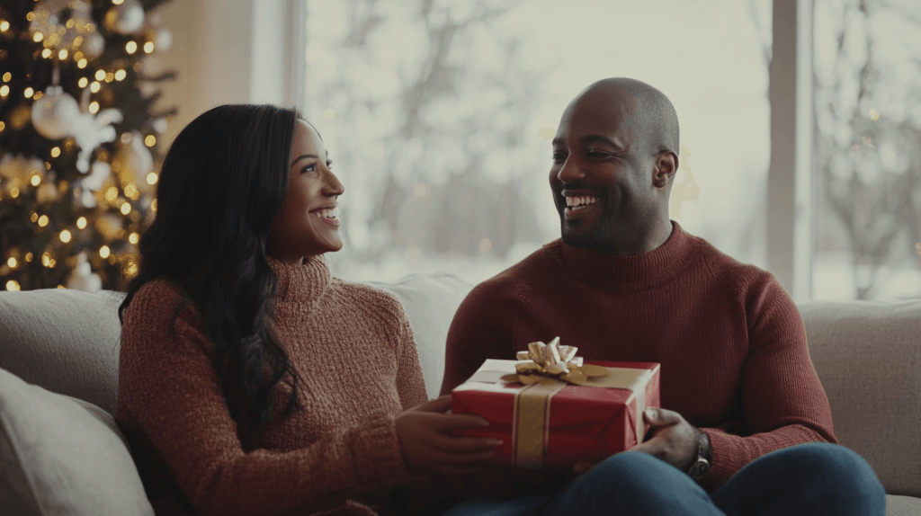 couple sitting on couch changing a Christmas gift