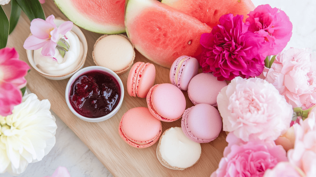 macaroons and watermelon on a board