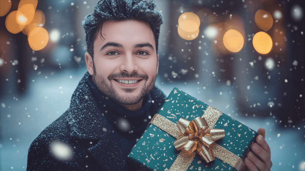 realistic photo of a handsome man with a gentle smile, holding a beautifully wrapped Christmas gift with both hands. The gift is wrapped in elegant green and gold paper with a shiny bow. He’s dressed in a casual, stylish winter coat, standing outdoors in a snowy setting with holiday lights and softly falling snowflakes in the background, creating a festive, magical atmosphere. 