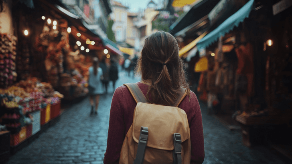 travel photography; photo of a woman with a backpack on from behind at a market