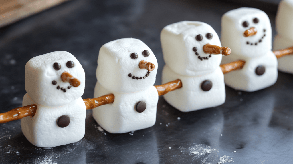 marshmallow snowmen as Christmas crafts for kids