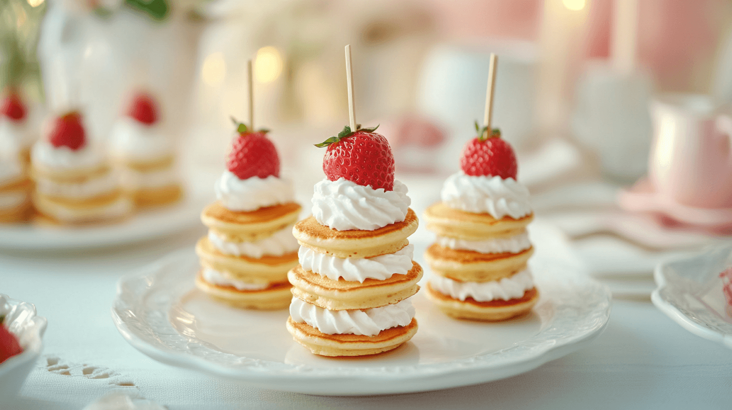 mini pancake stacks with whipped cream; tea party snack