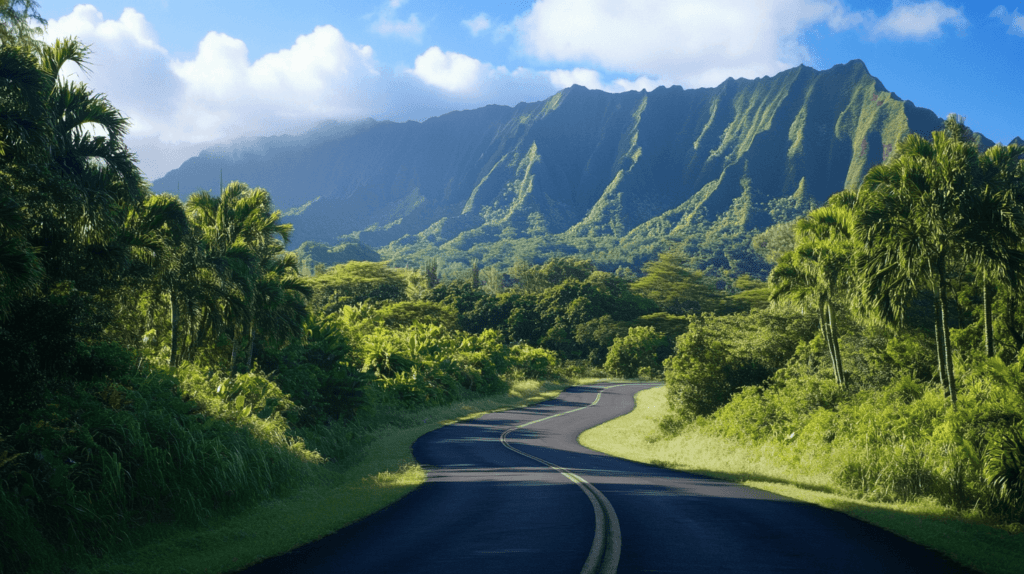 Realistic photo of a scenic road curving through a lush forest, creating a leading line effect that draws the eye toward distant mountains.