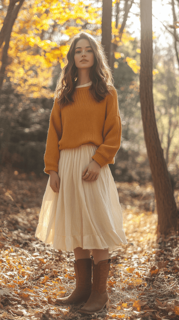 realistic photo of a woman in a fall outfit featuring a mustard-colored sweater, a flowy midi skirt, and ankle boots, standing outdoors among autumn leaves with warm, golden sunlight filtering through the trees.