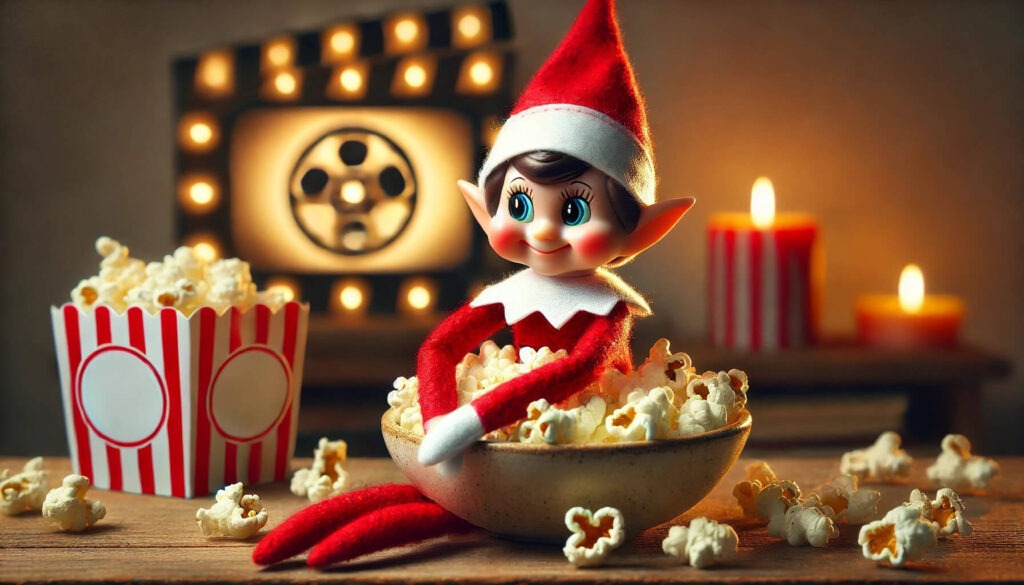 elf in a red suit sitting in  a popcorn bowl