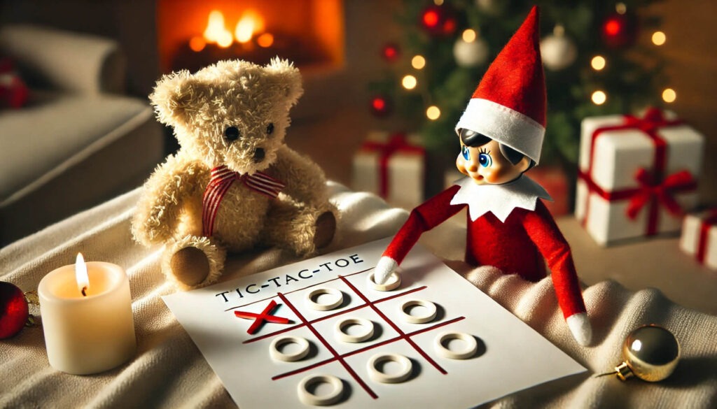 elf on the shelf ideas, teddy bear and elf playing tic-tac-toe