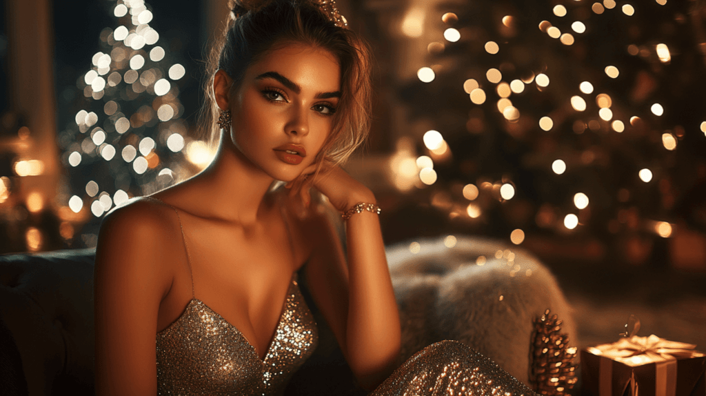 beautiful woman in a sequin dress with a Christmas tree in the background at night