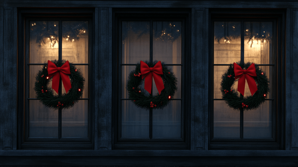 3 wreaths hanging on three windows at night