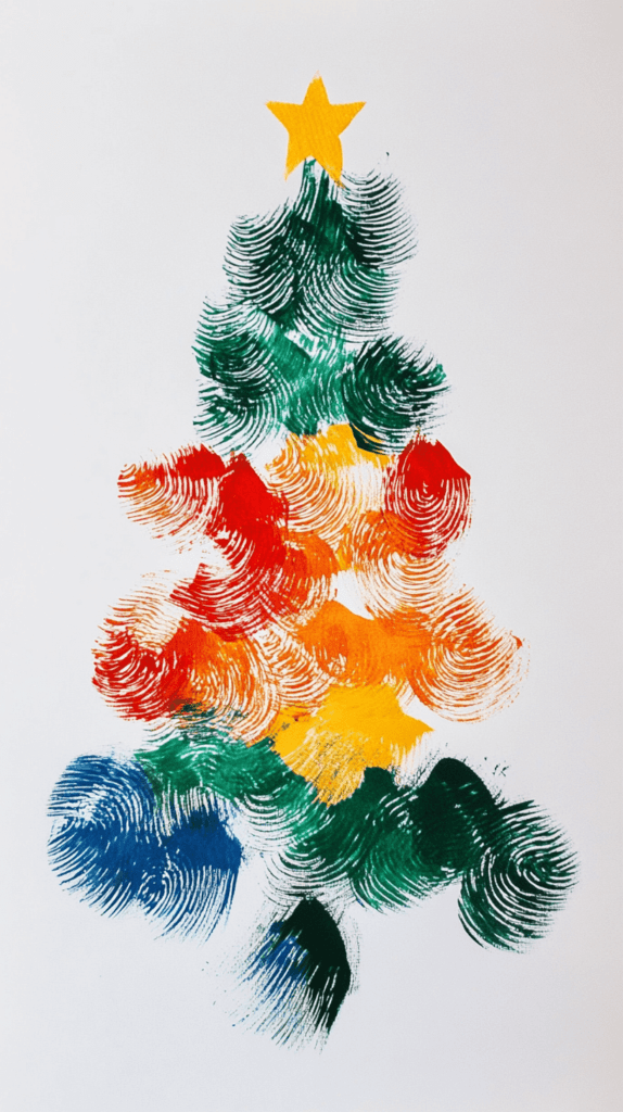 Painted Christmas tree fingerprint painting on a piece of white construction paper; Christmas crafts