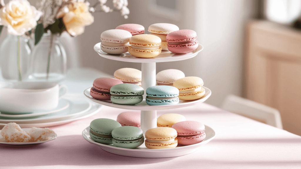 tied tray of pastel macaroons