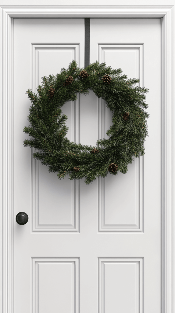 pine wreath hung on a white door