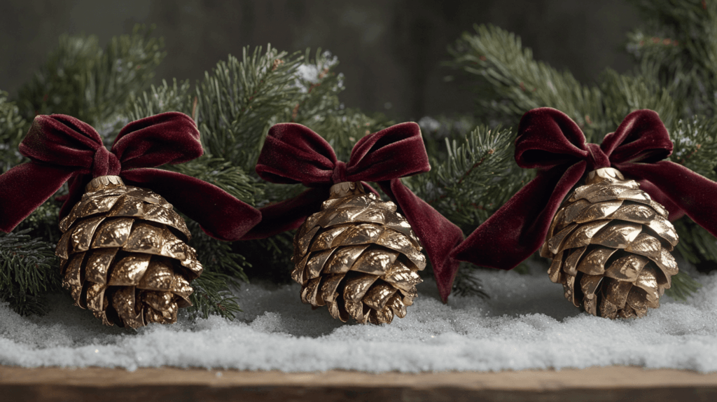 pinecones painted gold with velvet ribbons