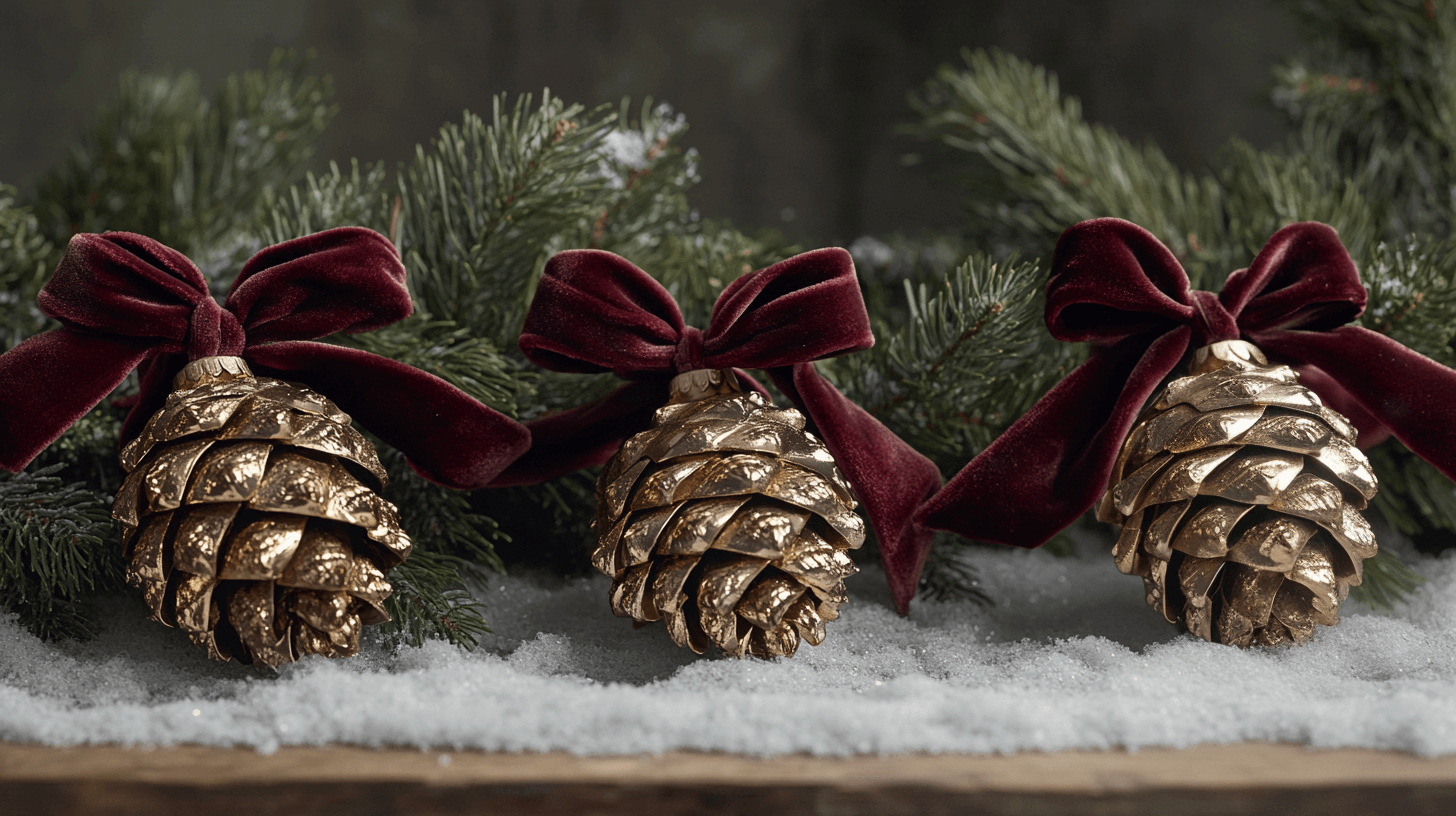 pinecones painted gold with velvet ribbons