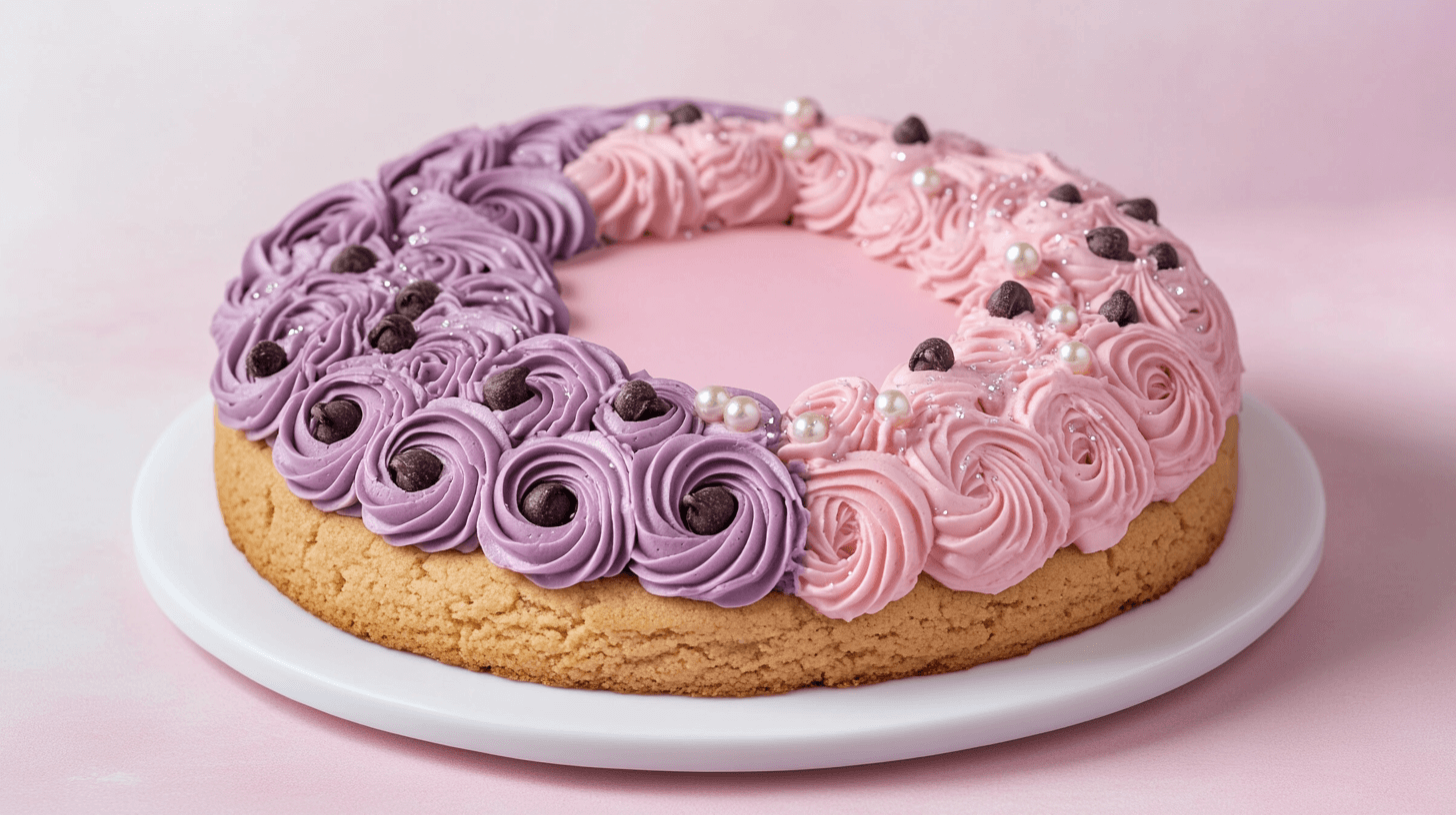 realistic photo of a large, circular chocolate chip cookie cake decorated with an eye-catching ombré buttercream border in shades of pink and purple, with piped rosettes and delicate edible pearls arranged in a crescent shape along one side, topped with a light dusting of edible glitter for a touch of sparkle, set on a white cake plate against a soft pastel background