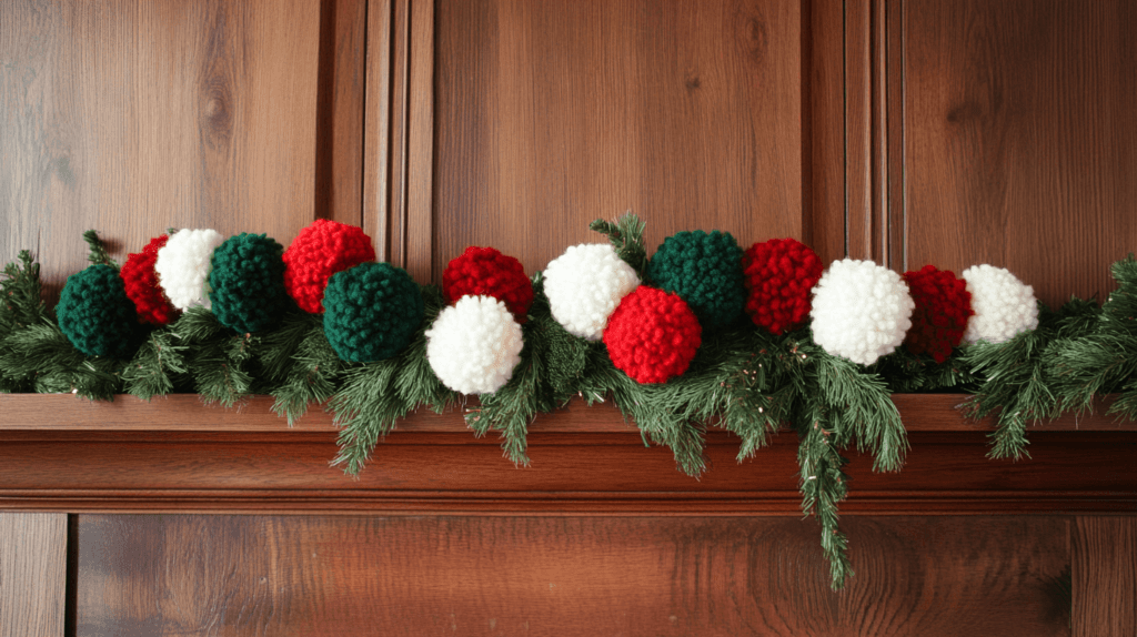 green, red, and white pom-pom garland strung on a wooden mantle at Christmas; Christmas crafts