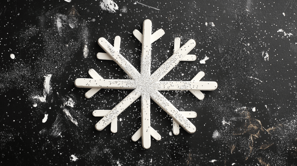 popsicle stick snowflake painted white with glitter