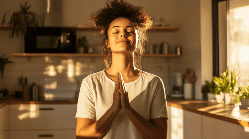 woman praying in warm lighting