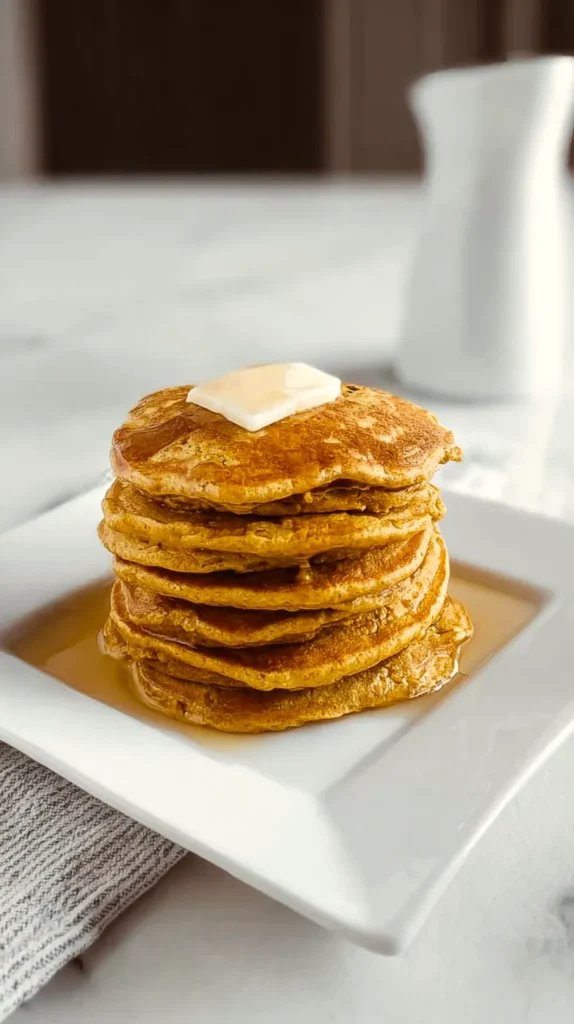 stack of pumpkin pancakes with butter and syrup