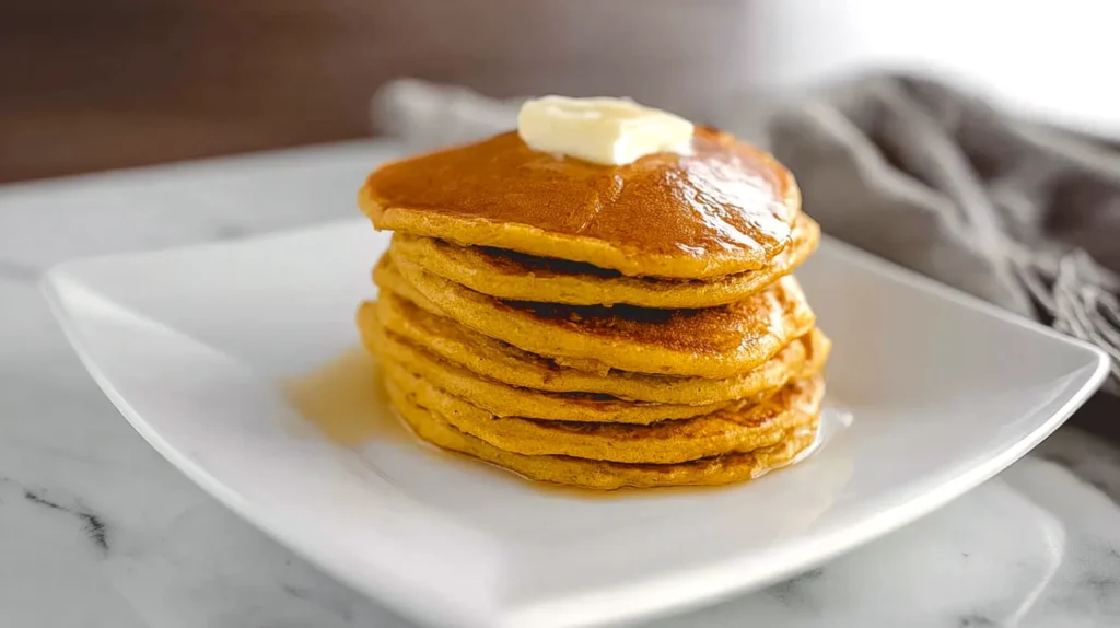 stack of several pumpkin pancakes with butter and syrup