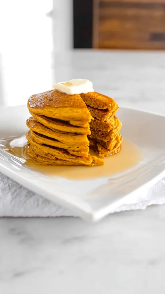 pumpkin pancakes with a triangle wedge cut from the stack