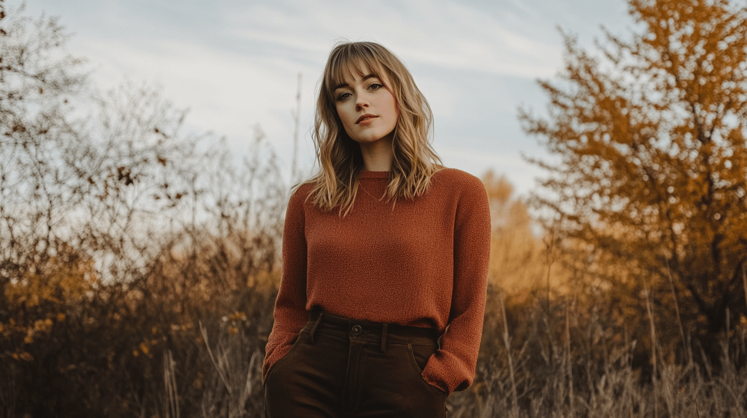 realistic photo of a woman wearing a cozy fall capsule wardrobe, featuring a pumpkin colored knit blouse, dark brown slacks, and ankle boots. She stands outdoors against a soft autumn background with warm, natural lighting.