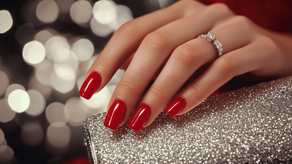 bright red nails for new years clutching a silver purse