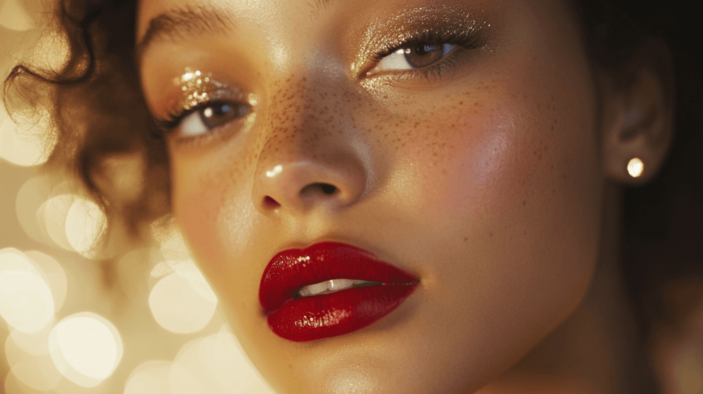 red lipstick and glitter eyeshadow, black woman, makeup new years