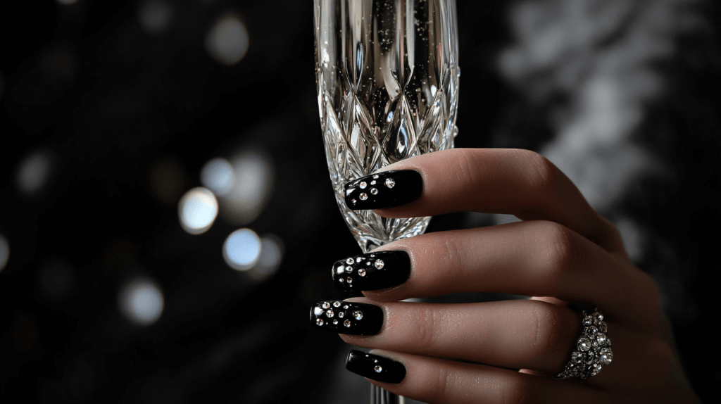 nails painted black with rhinestones and holding a champagne flute