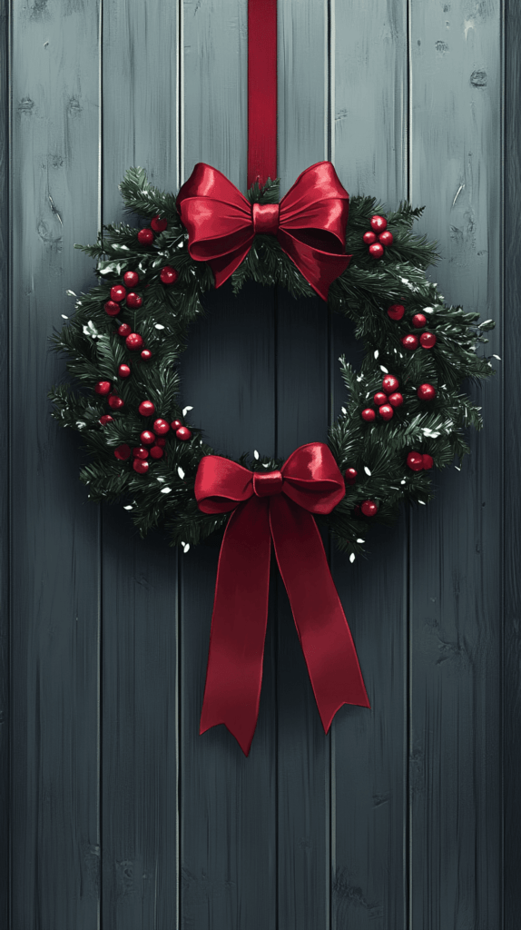 Christmas wreath with two large red bows, one at the top and one at the bottom