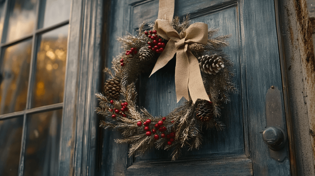 rustic Christmas wreath hung on a door