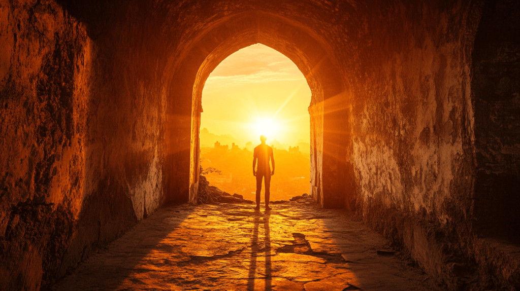 Realistic photo of a backlit scene of a person framed by an archway, with sunlight creating a glowing outline around them during sunset.