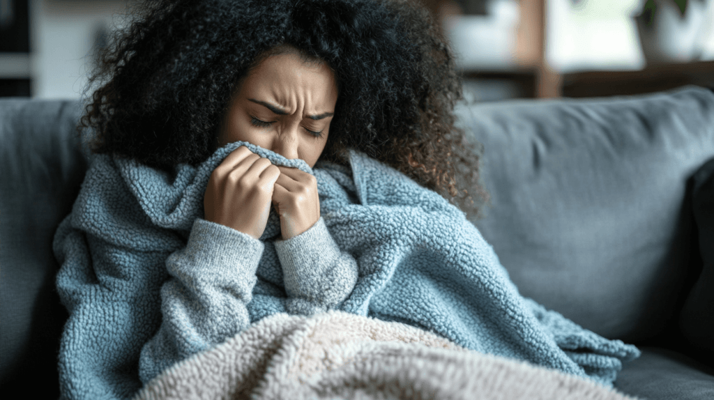 woman sick on the couch with a blanket covering her body