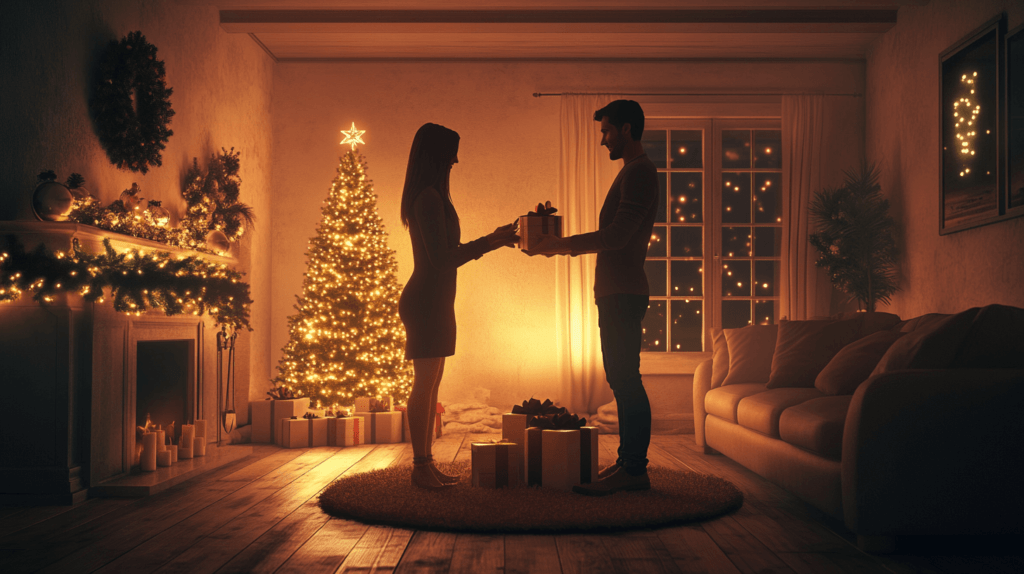 realistic photo of an attractive couple exchanging a present in a cozy, warmly lit living room decorated for Christmas, with a beautifully lit Christmas tree in the background and soft furnishings around