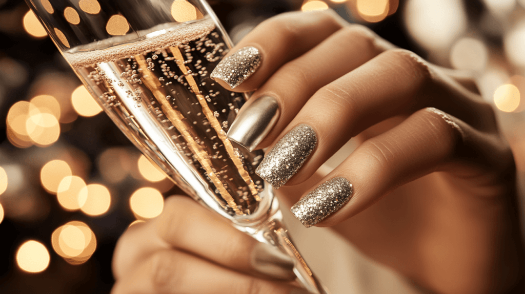 new years nails glitter with champagne glass