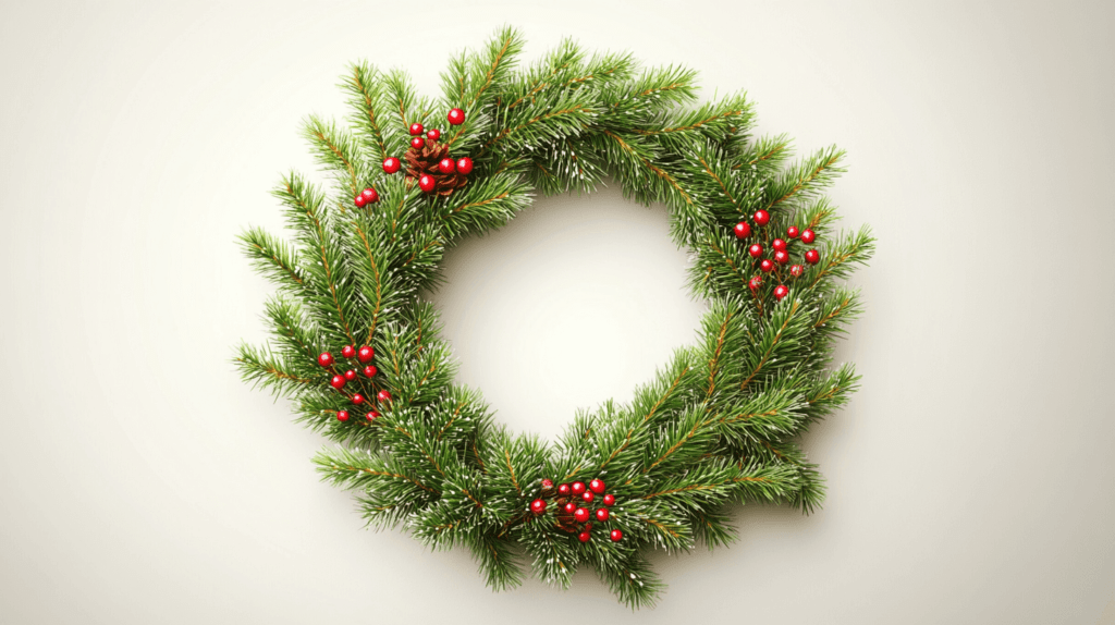 simple light green wreath or four sections of red berries