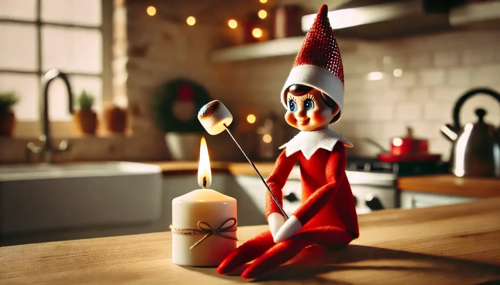 elf on the shelf roasting a marshmallow over a candle