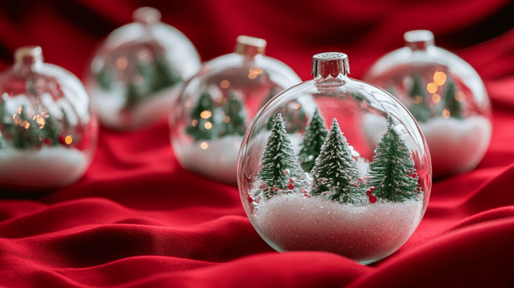 snow globe ornaments with Christmas trees inside the glass and fake snow