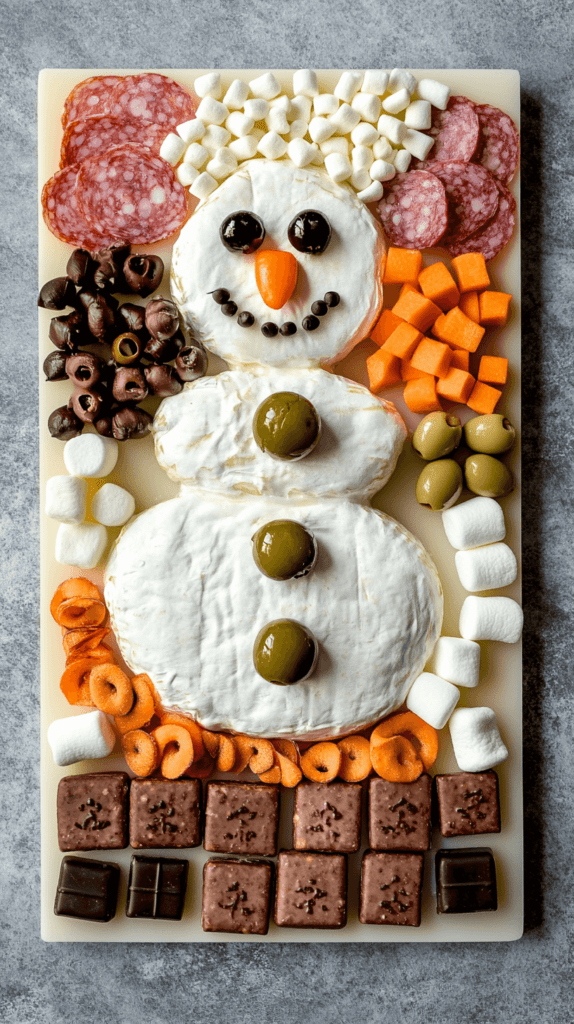 A playful Christmas charcuterie board with foods arranged to resemble a snowman on a standard rectangular board. The snowman’s face is made with a round of soft cheese, like Camembert, with olives for eyes and a small carrot slice for a nose. Small, round dark chocolates or meat slices form buttons below the face, while mini marshmallows and white chocolate chunks are scattered around to resemble snow. 