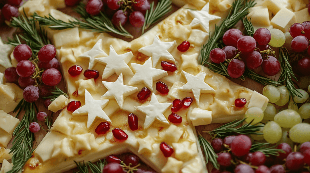 star-shaped charcuterie board, featuring Brie, cheese stars, grapes, pomegranate seeds, and rosemary for that festive Christmas look